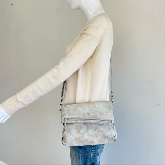 HAMMITT VIP Gray w Pewter Silver Suede Distressed Flap Strap Medium Crossbody - Picture 10 of 16